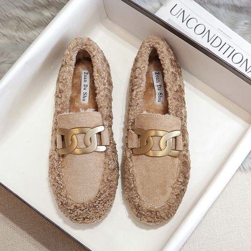 Chaussures En Laine D'agneau Pour Femmes,Bottes Plates En Fourrure De Coton En Peluche,Mocassins De Luxe,Mocassins Confortables,Grande Taille 42,Hiver