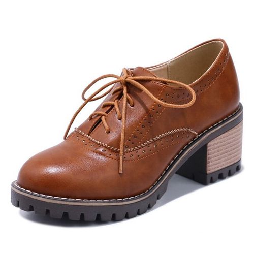 Anovishana-Chaussures À Talons Épais Pour Femmes,Escarpins Décontractés À Lacets,Vintage,Mi-Talons,Mocassins Sculptés,Dames,Grande Taille 41 42 43 Rétro D001