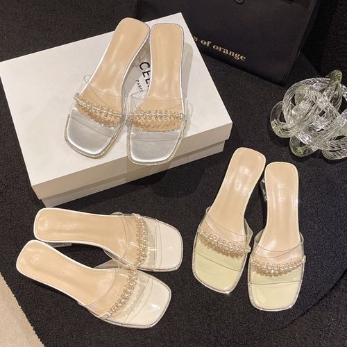 Pantoufles À Talons Épais En Pvc Transparent Pour Femmes,Tongs,Escarpins,Chaussures,Diapositives,String,Perle,Sexy,Robe,Mode,Été,2024 - 37