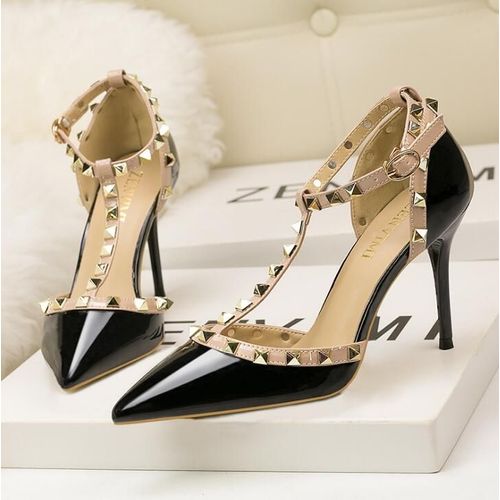Sandales À Rivets En Cuir Verni Pour Femmes,Escarpins Sexy,Talons Aiguilles,Boîte De Nuit,Métal,Creux,Mode Romaine,10cm - 34