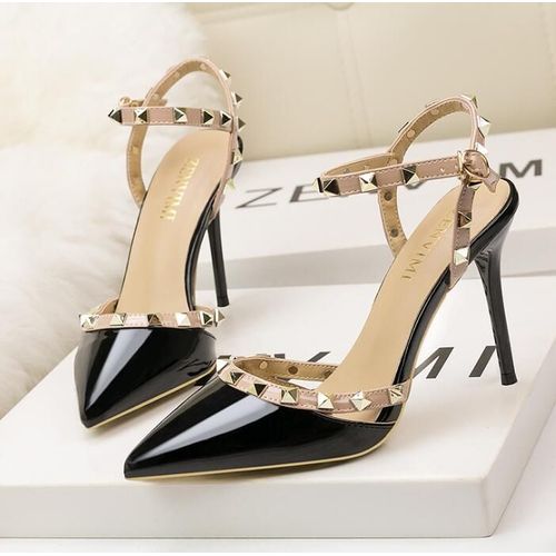 Sandales À Rivets En Cuir Verni Pour Femmes,Escarpins Sexy,Talons Aiguilles,Boîte De Nuit,Métal,Creux,Mode Romaine,10cm - 39