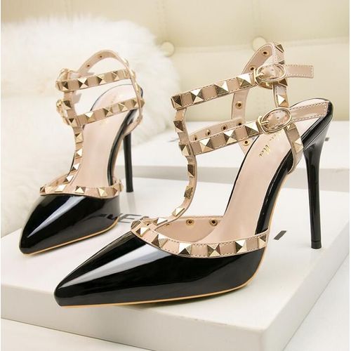 Chaussures Sandales Rivets En Cuir Verni Pour Femmesescarpins Sexytalons Aiguillesboîte De Nuitmétalcreuxmode Romaine10cm