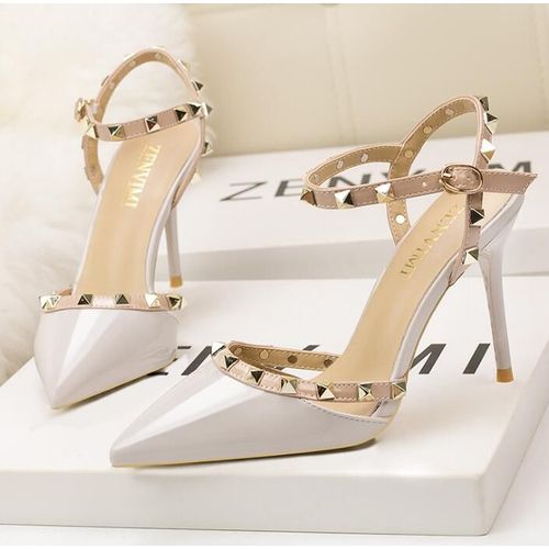 Chaussures Sandales Rivets En Cuir Verni Pour Femmesescarpins Sexytalons Aiguillesboîte De Nuitmétalcreuxmode Romaine10cm