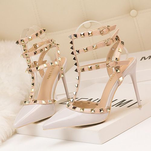 Chaussures Sandales Rivets En Cuir Verni Pour Femmesescarpins Sexytalons Aiguillesboîte De Nuitmétalcreuxmode Romaine10cm