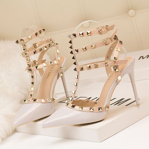 Chaussures Sandales Rivets En Cuir Verni Pour Femmesescarpins Sexytalons Aiguillesboîte De Nuitmétalcreuxmode Romaine10cm