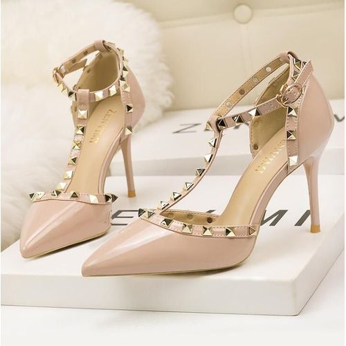Chaussures Sandales Rivets En Cuir Verni Pour Femmesescarpins Sexytalons Aiguillesboîte De Nuitmétalcreuxmode Romaine10cm
