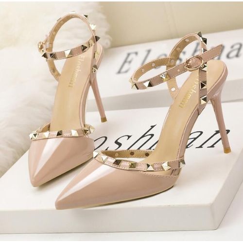 Chaussures Sandales Rivets En Cuir Verni Pour Femmesescarpins Sexytalons Aiguillesboîte De Nuitmétalcreuxmode Romaine10cm
