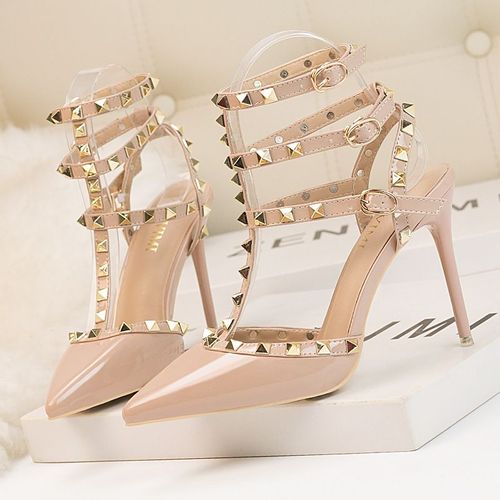 Chaussures Sandales Rivets En Cuir Verni Pour Femmesescarpins Sexytalons Aiguillesboîte De Nuitmétalcreuxmode Romaine10cm