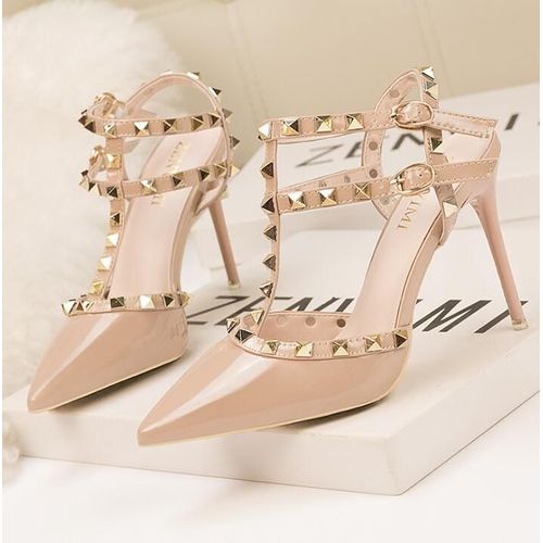 Chaussures Sandales Rivets En Cuir Verni Pour Femmesescarpins Sexytalons Aiguillesboîte De Nuitmétalcreuxmode Romaine10cm