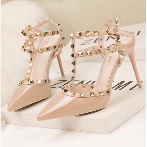 Chaussures Sandales Rivets En Cuir Verni Pour Femmesescarpins Sexytalons Aiguillesboîte De Nuitmétalcreuxmode Romaine10cm