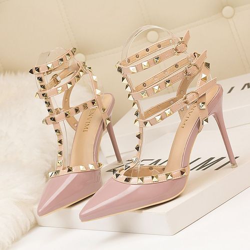 Chaussures Sandales Rivets En Cuir Verni Pour Femmesescarpins Sexytalons Aiguillesboîte De Nuitmétalcreuxmode Romaine10cm