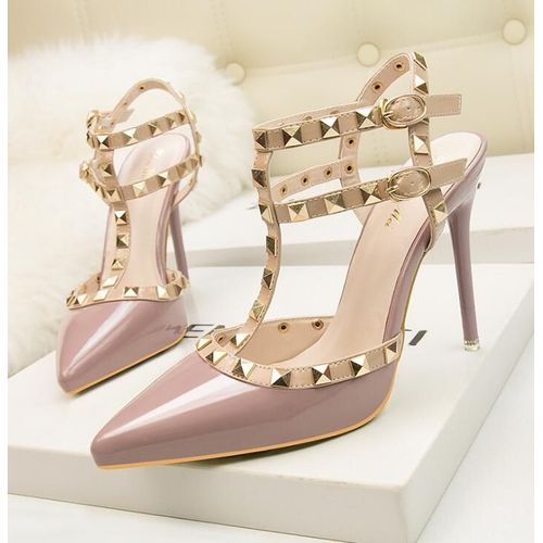 Chaussures Sandales Rivets En Cuir Verni Pour Femmesescarpins Sexytalons Aiguillesboîte De Nuitmétalcreuxmode Romaine10cm
