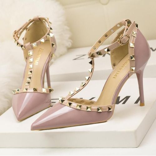 Chaussures Sandales Rivets En Cuir Verni Pour Femmesescarpins Sexytalons Aiguillesboîte De Nuitmétalcreuxmode Romaine10cm