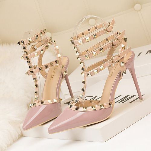 Chaussures Sandales Rivets En Cuir Verni Pour Femmesescarpins Sexytalons Aiguillesboîte De Nuitmétalcreuxmode Romaine10cm