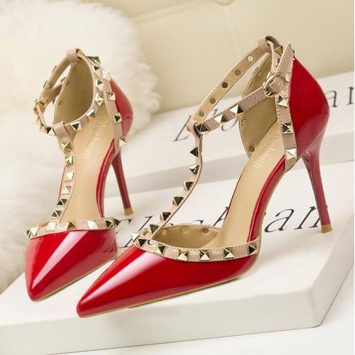 Chaussures Sandales Rivets En Cuir Verni Pour Femmesescarpins Sexytalons Aiguillesboîte De Nuitmétalcreuxmode Romaine10cm