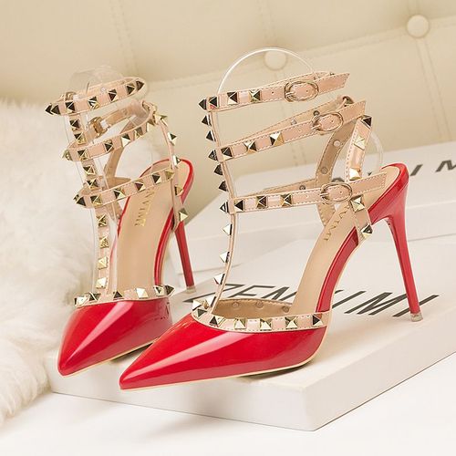 Chaussures Sandales Rivets En Cuir Verni Pour Femmesescarpins Sexytalons Aiguillesboîte De Nuitmétalcreuxmode Romaine10cm