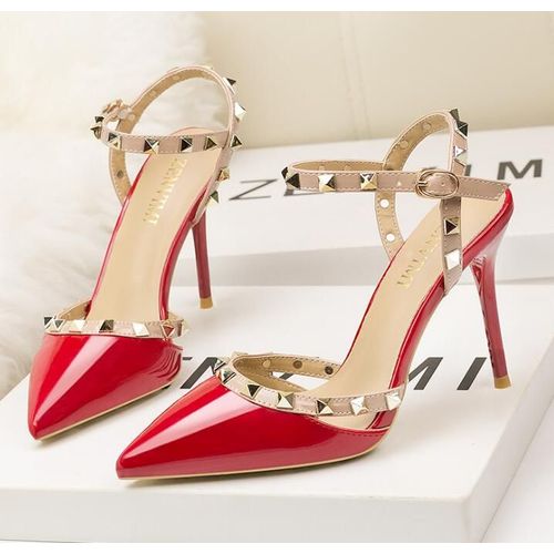 Chaussures Sandales Rivets En Cuir Verni Pour Femmesescarpins Sexytalons Aiguillesboîte De Nuitmétalcreuxmode Romaine10cm