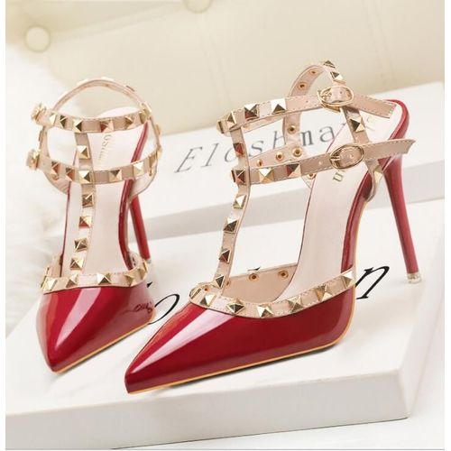 Chaussures Sandales Rivets En Cuir Verni Pour Femmesescarpins Sexytalons Aiguillesboîte De Nuitmétalcreuxmode Romaine10cm
