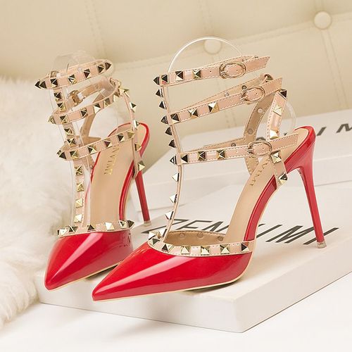 Chaussures Sandales Rivets En Cuir Verni Pour Femmesescarpins Sexytalons Aiguillesboîte De Nuitmétalcreuxmode Romaine10cm