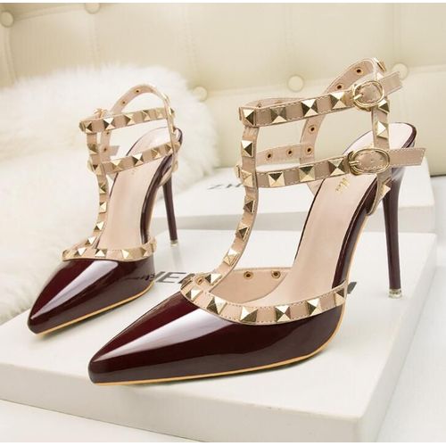 Chaussures Sandales Rivets En Cuir Verni Pour Femmesescarpins Sexytalons Aiguillesboîte De Nuitmétalcreuxmode Romaine10cm