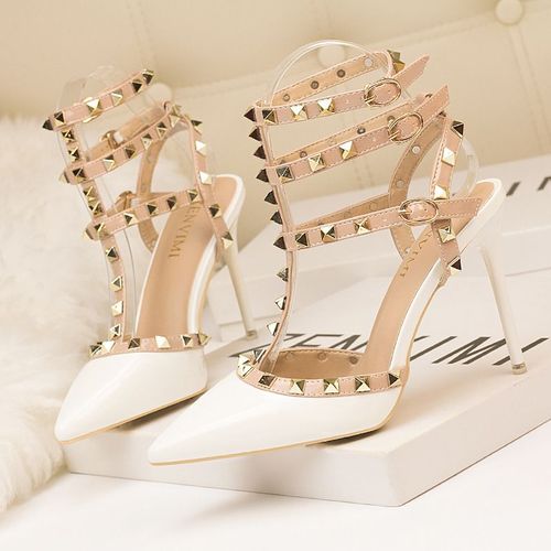 Chaussures Sandales Rivets En Cuir Verni Pour Femmesescarpins Sexytalons Aiguillesboîte De Nuitmétalcreuxmode Romaine10cm