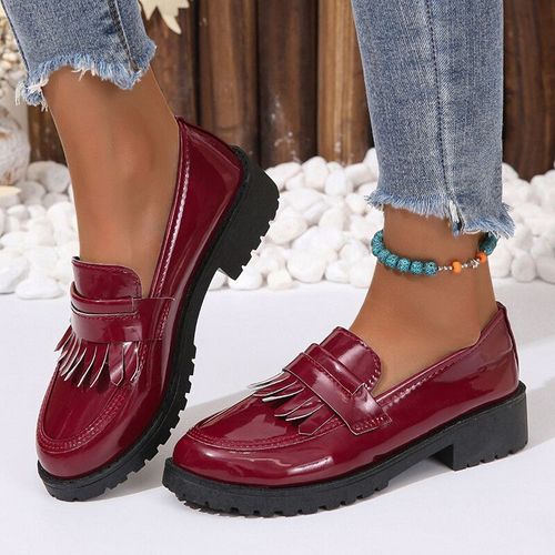 Mocassins À Plateforme En Cuir Verni Noir Pour Femmes,Glands De Mode,Chaussures Plates Peu Profondes,Style Britannique,Talons Moyens,Chaussures De Bureau,42
