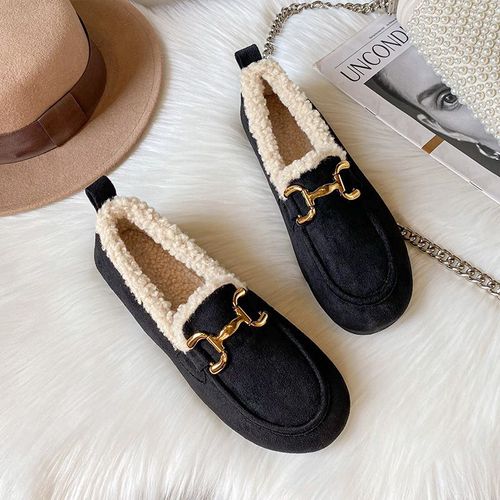 Chaussures D'hiver En Peluche Pour Femmes,Mocassins D'extérieur Plats En Fourrure,Bottes De Neige,Décoration En Métal,Vêtements De Fête Et De Travail,Grande Taille 41-43