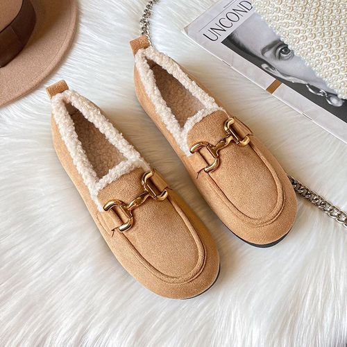 Chaussures D'hiver En Peluche Pour Femmes,Mocassins D'extérieur Plats En Fourrure,Bottes De Neige,Décoration En Métal,Vêtements De Fête Et De Travail,Grande Taille 41-43