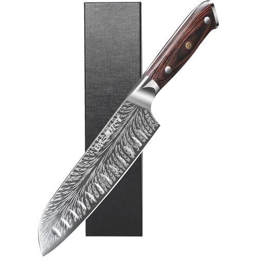 Couteau Japonais Santoku Knife Couteau De Chef Longueur De Lame 17,6 Cm En Acier Au Carbone Allemand Manche En Bois Marron