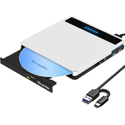 Lecteur externe Blu-ray CD DVD USB 3.0 Type C Lecteur Blu-ray externe CD/DVD ROM Slimline Blue Ray Drive Lecteur externe Bluray pour ordinateur portable PC Mac MacBook Air Pro Apple Windows11/10