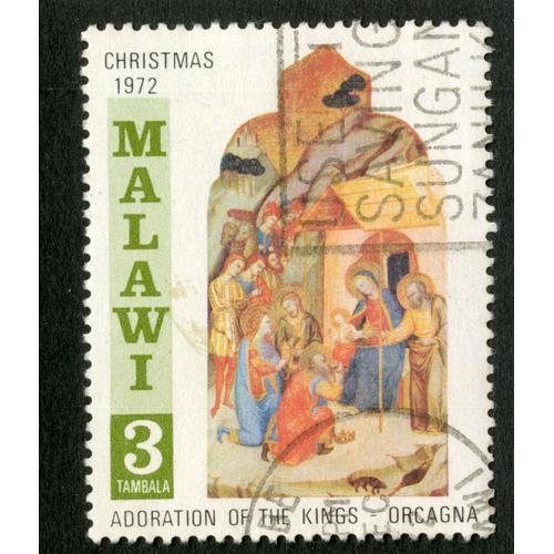 Timbre Oblitéré Malawi, Adoration Of The Kings - Orcagna, Christmas 1972, 3 Tambala