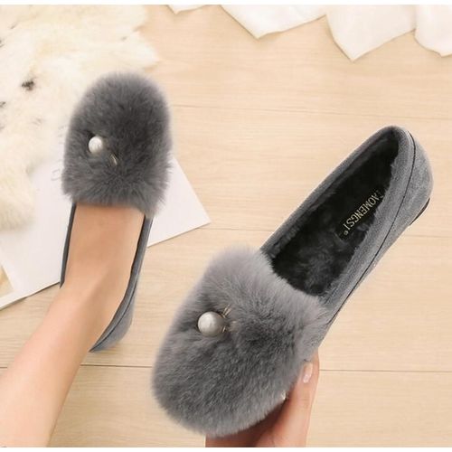 Mocassins En Fourrure De Lapin Avec Pompons Pour Femme,Chaussures Plates En Laine,Mocassins En Pierre De Théâtre,Bottes Chaudes En Peluche,Coton,Grande Taille 34-43,Hiver