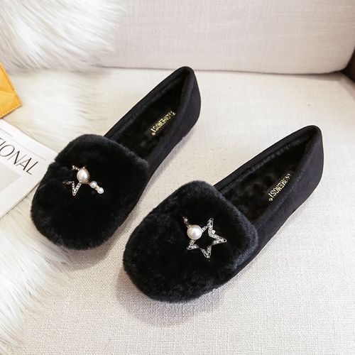 Mocassins En Fourrure De Lapin Avec Pompons Pour Femme,Chaussures Plates En Laine,Mocassins En Pierre De Théâtre,Bottes Chaudes En Peluche,Coton,Grande Taille 34-43,Hiver