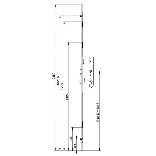 Serrure à larder matic 40/70 2 galets têtière 16mm Longueur 2150mm - FERCO - 6-33164-03-0-1