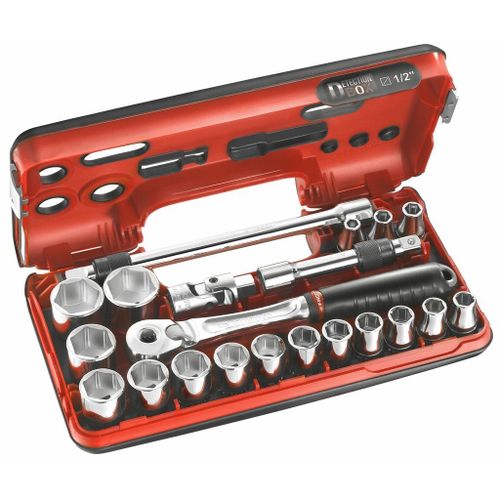 Coffret clé à cliquet étanche à verrouillage BBOX + douilles 1/2" - 6 pans - 21 pièces FACOM SL.DBOX500PB