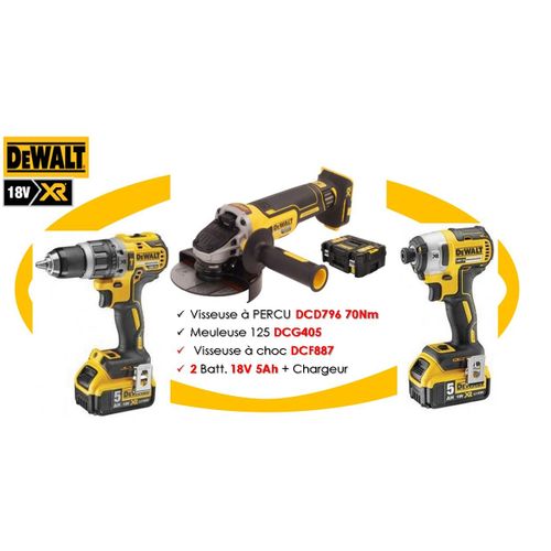 Pack 3 outils DEWALT DCK384P2T-QW XR 18V 5Ah Li-Ion - Perceuse visseuse compact + Visseuse à chocs + Meuleuse Ø125mm