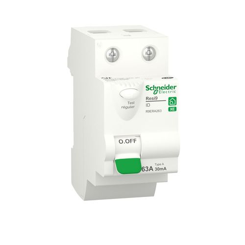 Interrupteur différentiel bipolaire embrochable - 63A 30MA - AC- Resi9 XE SCHNEIDER