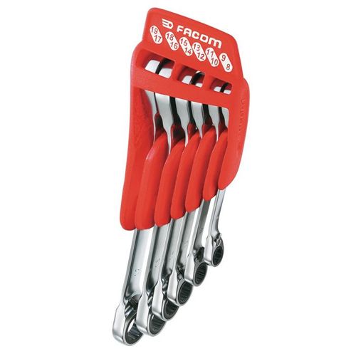 Jeu de 6 clés polygonales à cliquet FACOM 65.JP6PF tête 15°