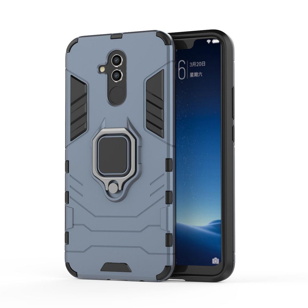 Saturcase Coque Pour Huawei Mate 20 Lite, Bague Béquille Hybride 2 En 1 [Pc & Silicone] Double Couche Pare-Chocs Antichoc Protecteur Housse Étui Coque Pour Huawei Mate 20 Lite (Bleu Marine)