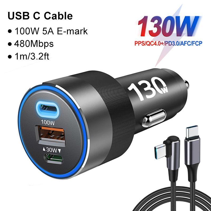 Câble PD100W--Chargeur rapide USB C pour voiture, 3 ports, PD 130W PPS 45W  QC3.0 30W, charge super rapide, br