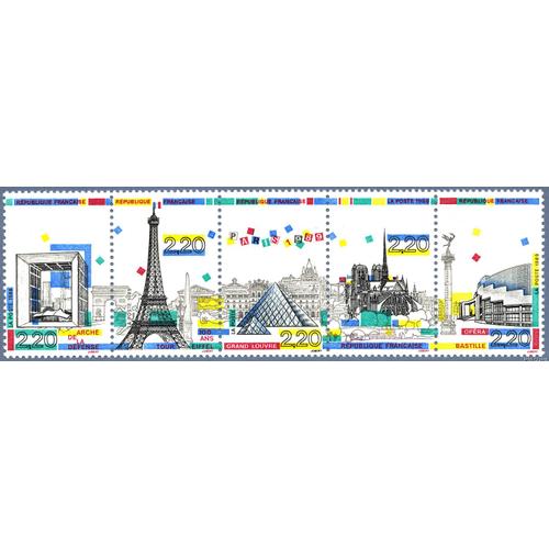 France 1989, Très Belle Bande Neuve** Luxe Yvert 2583a Panorama De Paris, Timbres 2579 Arche De La Défense, 2580 Tour Eiffel, 2581 Grand Louvre, 2582 Notre-Dame, 2583 Opéra Bastille.