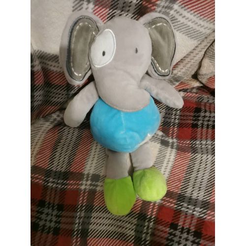 Doudou Peluche Éléphant Gris Bleu Vert Étoile Tout Petit U