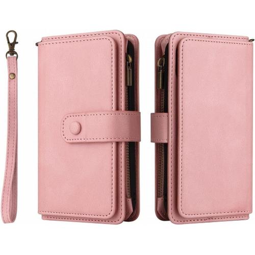 Housse Etui Fermeture Éclair Pour Samsung Galaxy A03 Coque, [15 Fentes Pour Cartes] Coque Cuir Pour Galaxy A03 Housse Portefeuille Protecteur Silicone Souple Étui Pour Samsung A03, Rose