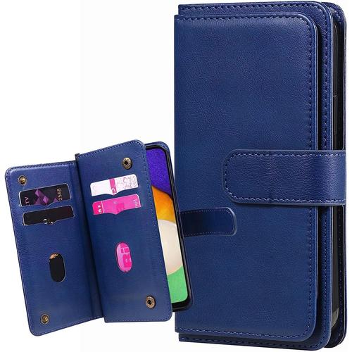 Housse Coque Pour Samsung Galaxy A03 Etui Cuir Fermeture Éclair Pour Galaxy A03 Coque Housse Portefeuille [10 Fentes Pour Cartes] Protecteur Silicone Souple Étui Pour Samsung A03, Bleu