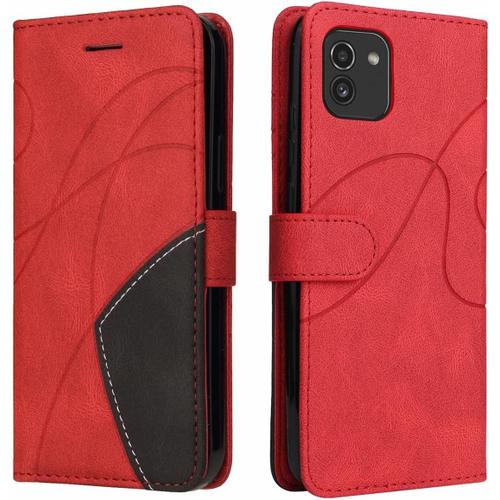 Housse Coque Pour Samsung Galaxy A03, Etui Cuir Pour Galaxy A03 Coque Housse Portefeuille Avec Fentes Pour Cartes Et Fermeture Magnétique, Protecteur Silicone Souple Étui Pour Galaxy A03, Rouge