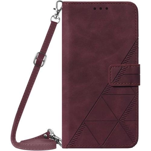 Coque Avec Cordon Pour Xiaomi Mi 10 Lite 5g, Pu Cuir Silicone Cover Avec Fente Pour Carte Tour De Cou Lanière, Slim Necklace Case Anti-Choc Bumper Etui Housse & Collier, Rouge