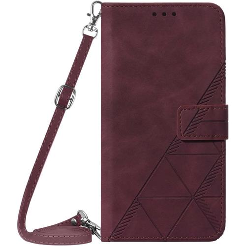 Coque Avec Cordon Pour Xiaomi Mi 10 Lite 5g, Pu Cuir Silicone Cover Avec Fente Pour Carte Tour De Cou Lanière, Slim Necklace Case Anti-Choc Bumper Etui Housse & Collier, Rouge