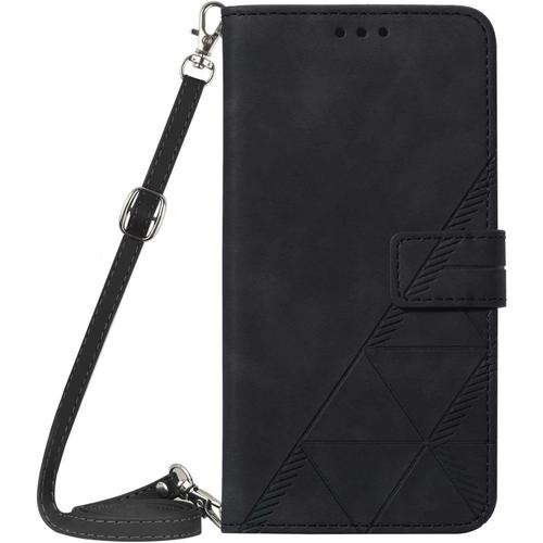 Coque Avec Cordon Pour Xiaomi Redmi 9, Pu Cuir Silicone Cover Avec Fente Pour Carte Tour De Cou Lanière, Slim Necklace Case Anti-Choc Bumper Etui Housse & Collier, Noir