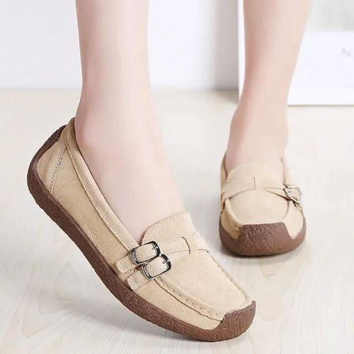 Chaussures Plates En Cuir Véritable Pour Femmes,Mocassins Carrés,Baskets Confortables,Mocassins À Enfiler,Chaussures Décontractées Pour Dames,Abricot,43