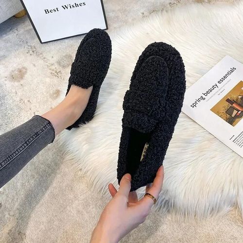 Mocassins En Laine D'agneau Pour Femmes,Chaussures Plates Bouclées,Noir,Beige,Cachemire,Cheveux Paresseux,Vêtements D'extérieur,Automne,Hiver,Grande Taille 43,2024
